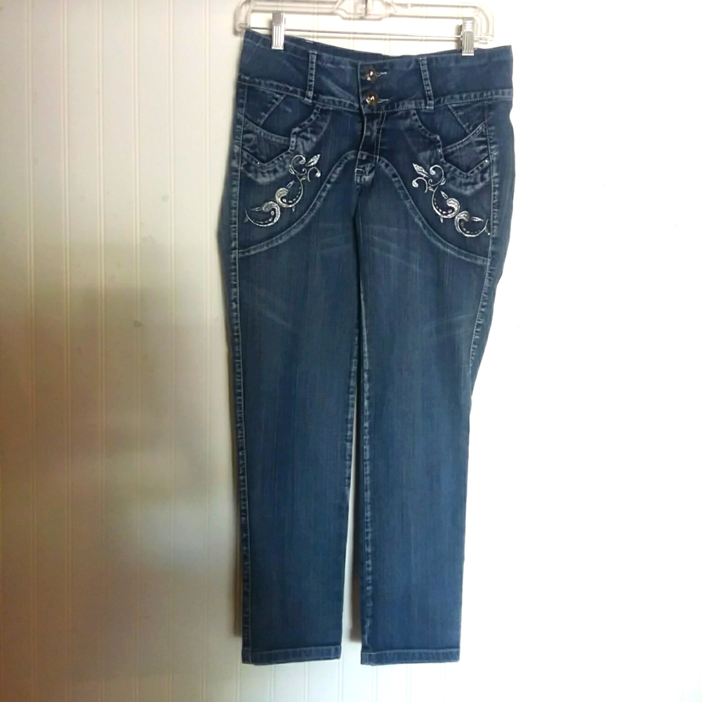 Colombian jeans Embellished Ankle Crop Jeans - Dark Blue